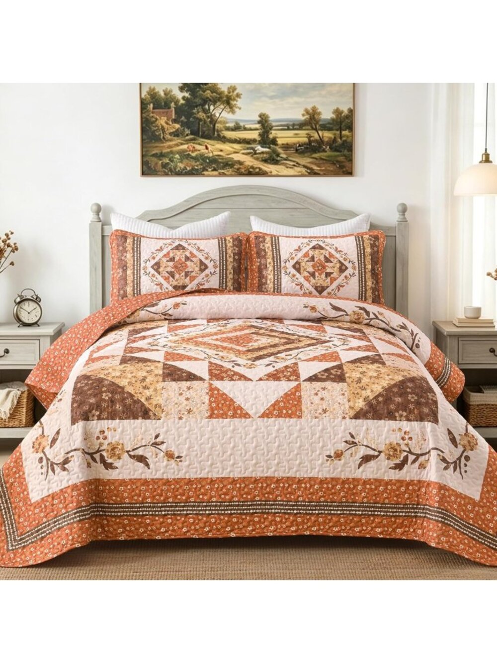 Cozy Patchwork Queen Quilt Set - Fall Orange Floral Farmhouse Bedspread